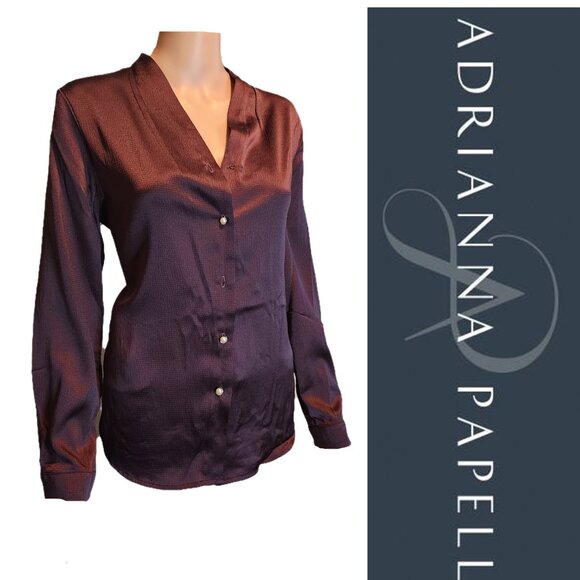 Adrianna Papell Long Sleeve Hammered Satin Button-Up Top Purple Med - Picture 1 of 12